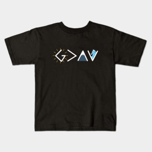 God is greater than the highs and the lows from Romans 8:28, white text Kids T-Shirt